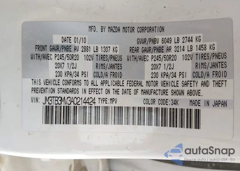 2010 Mazda Cx-9 Grand Touring from USA, damaged, VIN JM3TB3MV3A0214424